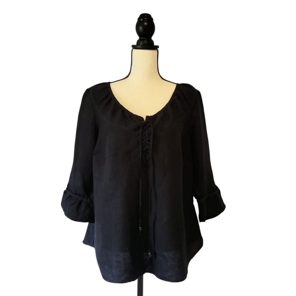 Lane Bryant black linen blend 3/4 sleeve criss cross tie front scoop neck top - Picture 1 of 9